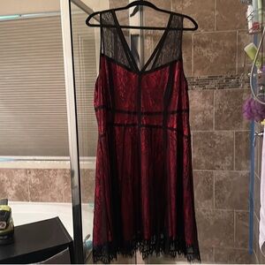 Red Black Lace Overlay Skater Dress